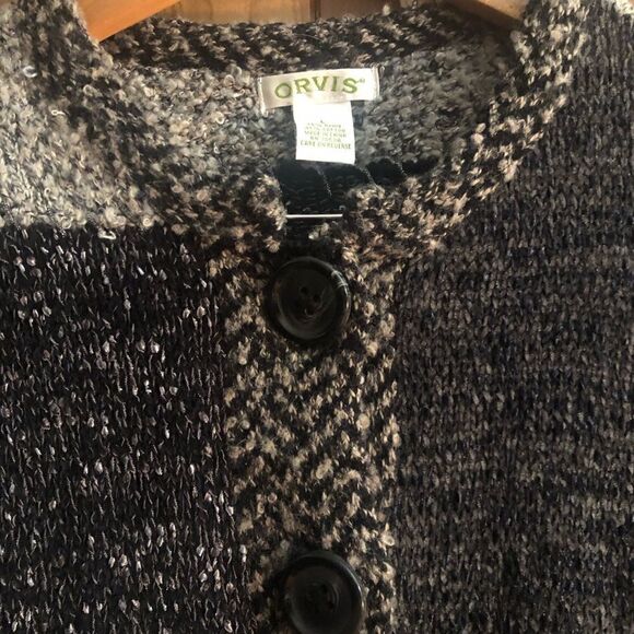 Orvis Women’s Large Gray Black Chunky Knit Abstract Cardigan Sweater Big Buttons - Picture 3 of 5